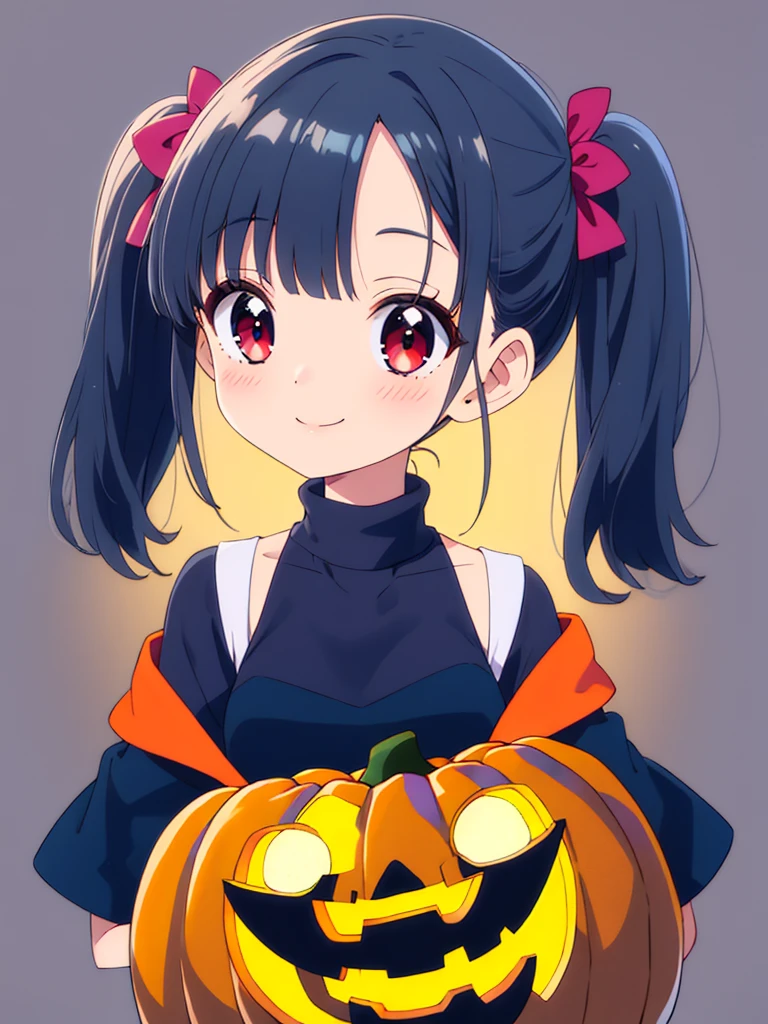 #Model,
One teen girl,shiny pitch black hair,long straight hair,
puff out cheeks,
red eyes,(slanted eyes:1.1),
(one mole under left eye:0.6),
(medium breasts:1.1),

upward glance,smile,

(Photograph whole body from front:1.2),
(Cute Pumpkin Halloween costume:1.2),
(Simple Background:1.0),
Place your index finger on your cheek,
Short Bob with mini twin tail,

best quality,Highly detailed,sharp focus,masterpiece, vibrant colors,natural expression,
accurate, Anatomically correct, 