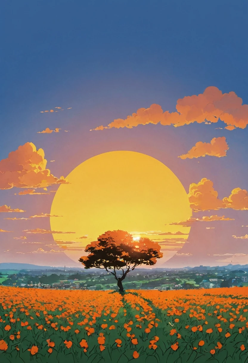 (Minimalism:1.4), Draw a simple art of  Tintin style an orange fruit tree sunset clouds , studio ghibli art, miyazaki,  , Makoto Shinkai!!, anime movie background best quality best of SeaArt HD
