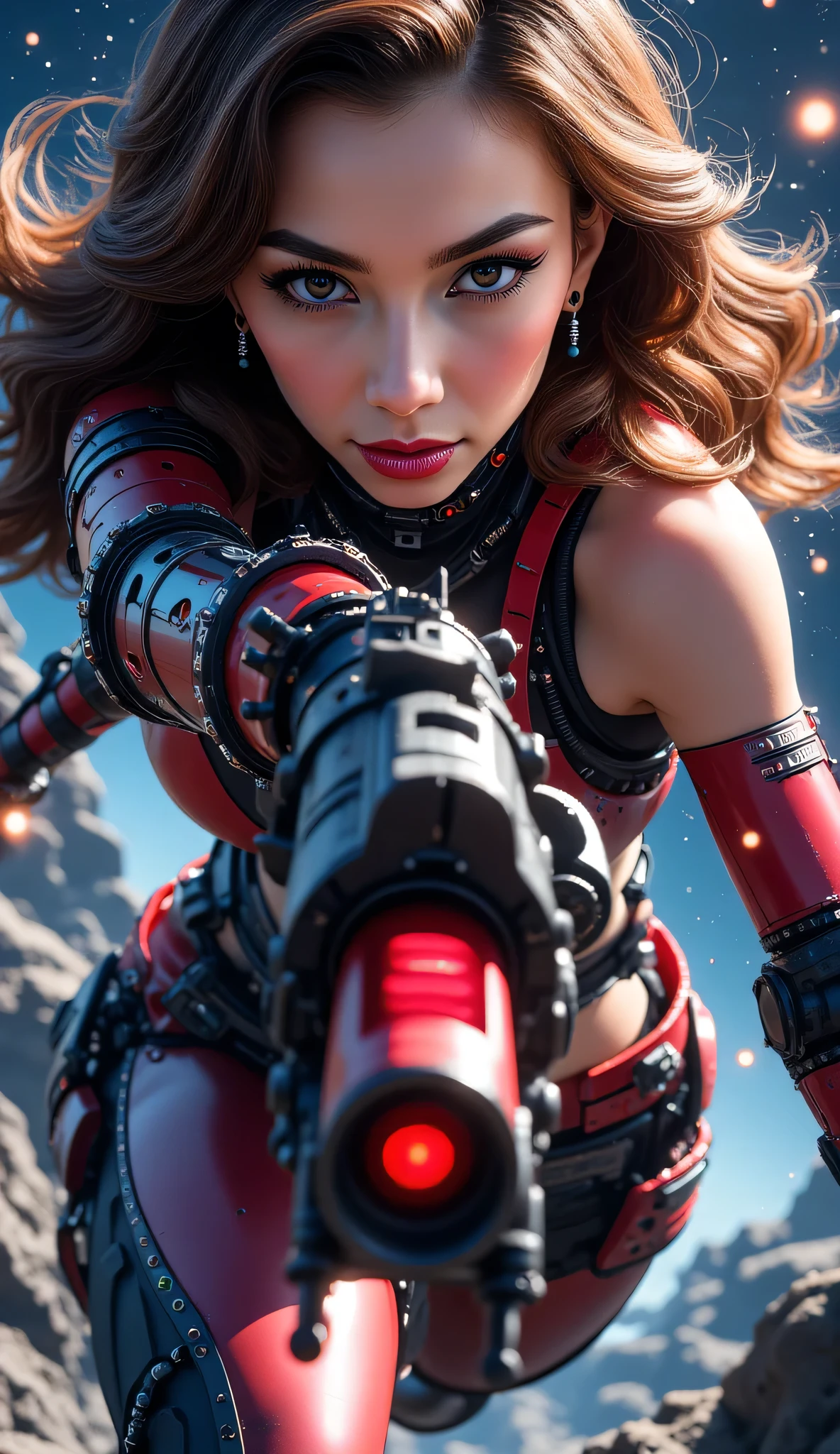 Attractive woman, gunner, cyborg, Realistic Baby, break: Attractive womanの体, Detailed and accurate mechanical joints, A seamless fusion of human beauty and precision machinery, Mature adult sexuality, break Detailed and realistic skin texture, Precision mechanical joints, Smooth-moving parts, Pneumatic hose, Charming Cleave, break Clear Red Eyes, Aesthetic illumination, break Transparent full color, Holographic Hair, Smooth facial expression, break Ultra-realism, Detailed and realistic skin texture, Detailed and intricate texture, Intricate and complex brushwork, Detailed and vivid depiction, Anatomically correct, Absurd aesthetics, break Attack with a sophisticated and high-performance beam rifle, Get closer to your audience while avoiding enemy attacks, break Leaning forward to approach the viewer, Firing at the audience, Oncoming Bullets, Motion blur to highlight approaching bullets&#39;track, Combat Ready, break Space War, Beautiful space combat, Transparent full color, Amazing rainbow colors, Bold and powerful composition, break: Get closer to your audience, Motion blur for explosive acceleration, Rapid approach using combat flight mode, Beautifully detailed movements, break Epic space war, A dark background to make your subject stand out, Dramatic Cinematic Lighting, (Dynamic wide-body shot:1.0, Ankles inside the frame:1.0), break Professional spray work, Highest quality rendering, Please redeem, Highest Resolution, Super Retina Vision, Super Animation, neat-girl, perfect body, Full Body Shot, Shoot up to the ankles, ROUGH, Sweet style, Mary D.