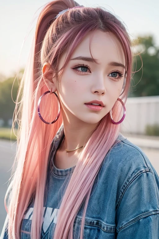 realistic portrait of a 25 year old woman, intense gaze, brown eyes, soft smile, freckles on her face, pink hair, colorful tattoos, white woolen blouse, eyeliner, thin red lips, black skirt, silver accessories, jewelry silver, cloudy scenery, amusement park