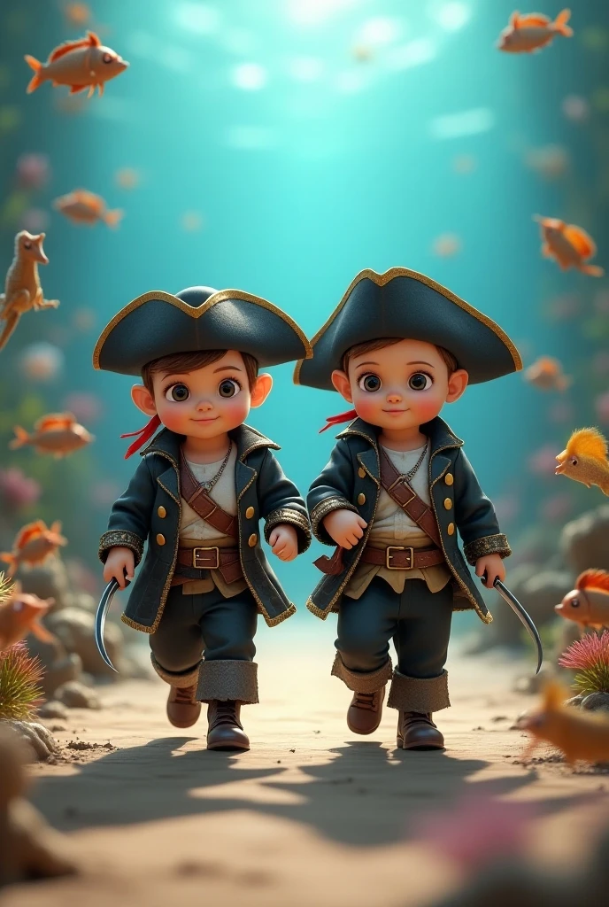 Portrait of a 2d character of a pirate girl, short curly hair, blue pirate hat with a skull, wearing brown boots, side view, front view, perspective view, ((face with passionate expression)), (character expression sheet), (walking), (((children's book style)), white background, quality -- v6