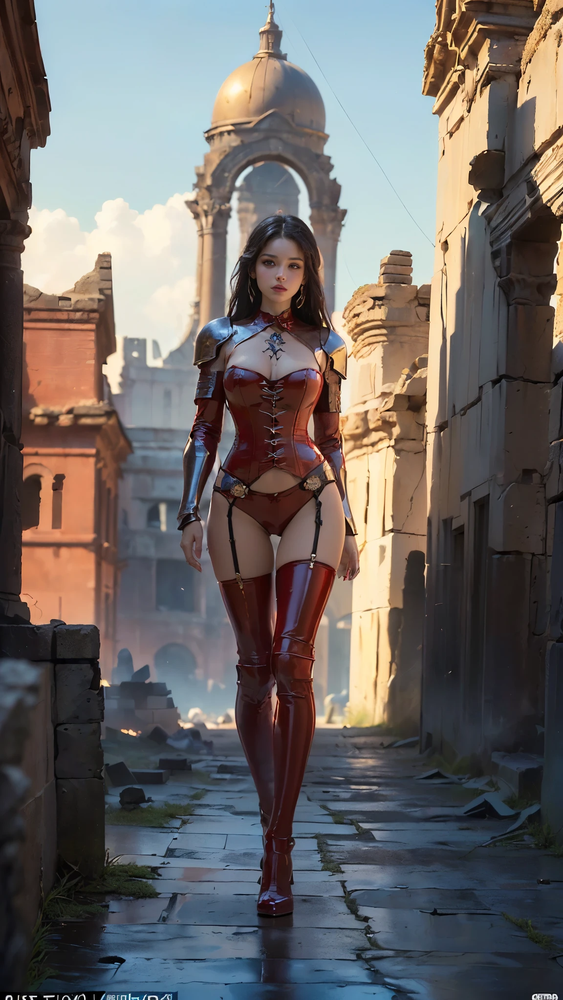 ((masterpiece:1.4)、(Highest quality:1.4)、(Realistic:1.7))、Masterpiece:1.4、(Top-notch rendering:1.4)、(Beautiful Girl Hero 2:1.4)、A beautiful e wandering the city:1.4、(Fantastic ancient city ruins:1.7)、(Boris Vallejo's:1.4、Julie Bell:1.4、Luis Royo:1.4、Frank Frazetta:1.4)、20-year-old、(1:1.4)、(Red Latex Bodysuit:1.4)、(Black super thong pantie(Ultra Ultra Bikini:1.4)、(Sexy red t:1.4)、(Decorations and costumes symbolizing the hero:1.7)、(An outfit that emphasizes beautiful breasts:1.4)、Detais、Beautiful Eyes、double eyelid、(Beautiful Face:1.4)、{Long Hair}、Beautiful woman with perfect figure:1.4、Perfect proportions:1.4、(Anatomically correct body shape:1.4)、well-proportioned and beautiful udder、(Beautiful girl with a slim waist:1.4)、(Narrow waist:1.4)、(Beautiful style with 9 proportions:1.4)、(A beautiful girl with long legs and a good figure:1.4)、Standing、(Full Body Ph1.4)、(Ancient Heroes' World Fantasy:1.4)、Ruined Old Castle、Megastructures:1.7、Great landscaping、Ancient City Fantasy、Mysterious World、Desolate landscape、Vast ancient dungeon、Photorealistic images、Sharp focus:1.5、Vision:1.7、Draw her as a beautiful girl with a good figure:1.4、Beautiful and well-proportioned hips、Sexy ass、Beautiful feet:1.2、Rphotod lips、Lip Glow、Eyeshadow、Red High Heels、面長のBeautiful Face、(choker:1.4、necklace:1.4、Earrings:1.4)、Supermodel:1.4、Nikon SLR D6、Natulight、Lighting technology that creates beautiful expressions、Ideal lighting、(フォトRealistic:1.4)、Raw photo、A beautiful heroine wandering through the ruins of ient city:1.4