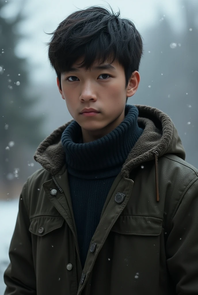 ((( masterpiece ))), (((Highest quality))), ((Very detailed)), (photograph), ((Very delicate and beautiful )), High resolution,
One boy, Age 25, 
(Detailed eyes), (Detailed facial features), (Detailed Weapons), (Detailed fingers), (Leg details), 
(Eyes visible through hair), ((Drunk Eyes)), (Embarrassing :1.2),
(Toothless smile), (((Fuller lips))),
(Snow Scene), (Upper Body), Grey coat,
((Dim Light)), ((Film Grain)), ((Single-lens reflex camera)), ((35mm lens focal length))