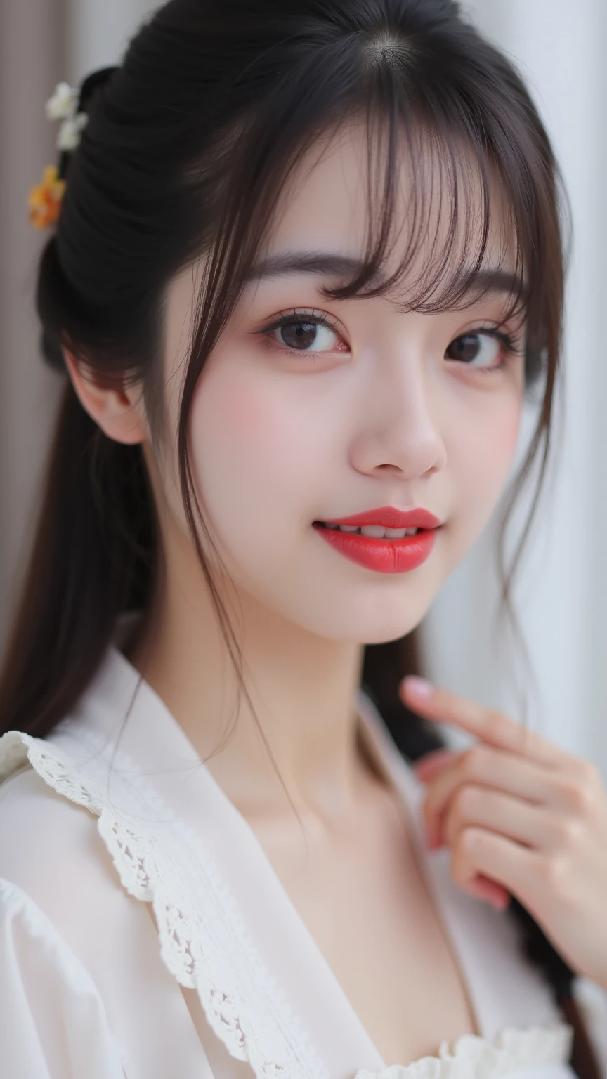   Close-up shot of a young Asian woman with dark brown eyes and dark brown hair.   She wears a white dress and a white blouse with a ruffled collar  .  with blurry background , but、Out of focus. The woman's lips are bright red  . Eyebrows are dark brown.  She has a smile on her face ,  adds vibrant color to her face .