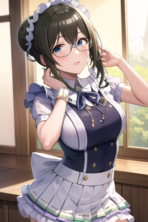 masterpiece, Best Quality,  High Resolution , The Idolmaster, Single Hair Bun,  maid headdress,, Glasses, frills, Tennis Wear、shirt、Skort、アンダーSkort