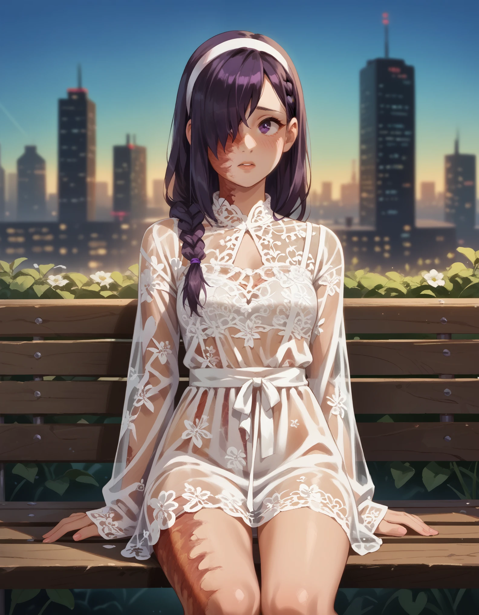 safe_pos, score_9, score_8_up, score_7_up, (18yo girl:1.1), city of dreamers, frontal view, ikezawa hanako, long hair, hair over one eye, purple hair, purple eyes, burn scar, medium breast, looking away, shy face, in love with viewer, pull dress down, sitting on bench, closeup, source_cartoon, slim thighs, wide hips, (hud_dk_mdress, see-through white loose fit lace mod dress, short dress, baggy clothes, long sleeves, white hairband, hair (dark purple, braided), face (beautiful, stunning, perfect), smooth white skin