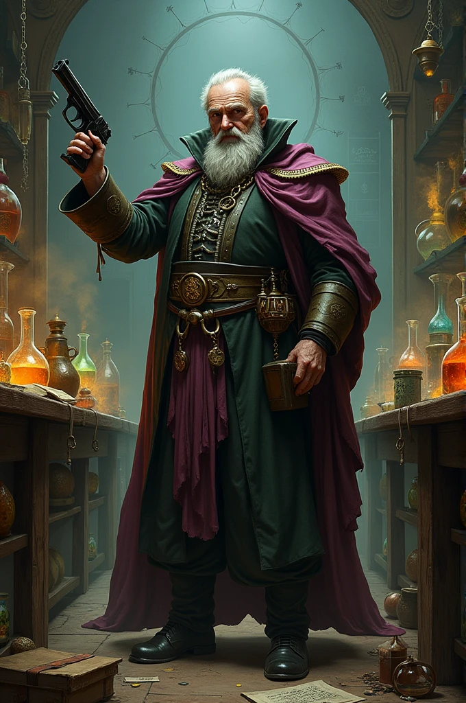 An elderly wizard with a long white beard and wrinkled face, donned in an exquisite purple robe, stands in the midst of his ancient laboratory. The laboratory is dimly lit, with shelves filled with mystical ingredients and arcane artifacts lining the walls. The wizard, holding a bubbling potion in one hand, is engrossed in a complex experiment. The air is thick with an otherworldly glow, casting eerie shadows across the room. The camera lens is a 135mm+, capturing every intricate detail in stunning 64K UHD resolution. The lighting is a combination of ambient light and subtle sunrays streaming through dusty windows, creating an enchanting atmosphere, (((masterpiece))), (high res)
