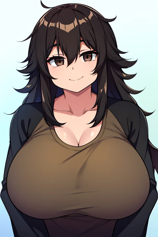 Chubby big breasts black hair brown eyes happy long messy hair smile deredere black sweatshirt