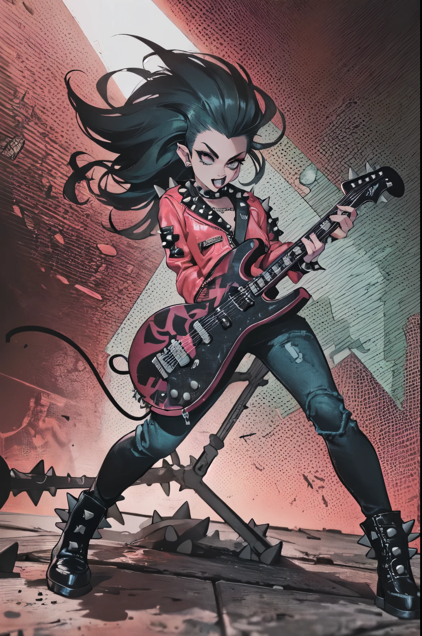 ( masterpiece:1.2), A photorealistic photo of Mumm-Ra, Alone, full body of a young punk man with black leather jacket:1.5, (( Mohawk hair in various colors .)),self-confident, dynamic pose with electric guitar ( Very detailed :1.3) ( guitar with Punk Rock) ,( playing guitar on a punk style stage , The punk flag , jacket and leather pants in various colors , (with spikes and studs in punk style:1.3)), tattoos referring to the punk style, malicious, ( Very detailed :1.3) 8K, dark background colored stage lights , in that ((epic lighting)), Thumb