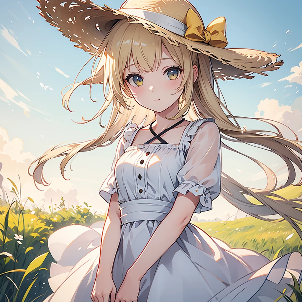 (masterpiece:1),best quality,8k wallpaper,(1 girl:1.1),(solo:1.15),
(flat chest:1.2), (skinny:1.2),
(sundress:1.5), off shoulder,(light smile:1.2),(pale skin:1.0),
(shiny oily skin:1.1), (intricate blond hair:1.2),(sky blue eyes:1.1),(squinting eyes:1.2),(no pupils:1.2),
(eyelashes:1.2),(red eye liner:1.1),Various hairstyles,(grasslands:1.1), (daytime,:1.2),
invitation,dynamic angle,<lyco:LECO_LessMuscularity:1.2><lyco:leco_pale_skin_last:-0.8>