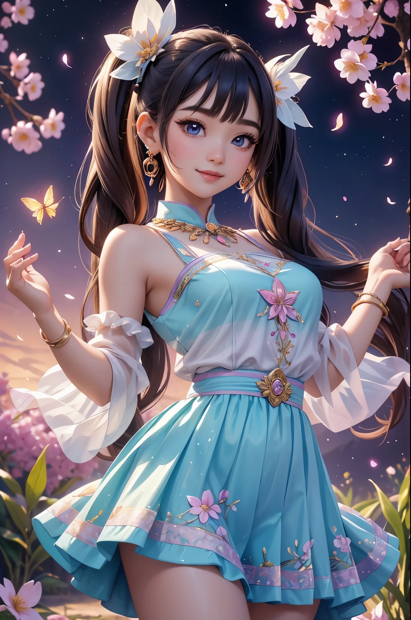 (best quality,4k,8k,highres,masterpiece:1.2),ultra detailed,(realistic,photorealistic,photo-realistic:1.37),acrylic painting,beautiful young Thai idol in a ta dress with downy hair,beautiful young Thai idol with extremely colorful hair and detailed facial features,beautiful young Thai idol standing in a beautiful garden surrounded by a starry sky,beautiful young Thai idol wearing a vibrant Loliress,beautiful young Thai idol with intricate accessories and a matching hat,beautiful young Thai idol posing gracefully with her hands on her hips,beautiful young Thai idol with long flowing twintails,beautiful young Thai idol with bright blue eyes and rosy lips,beautiful young Thai idol with a joyful expression,beautiful young Thai idol in a dynamic pose with cherry blossoms falling around her,beautiful young Thai idol surrounded by colorful flowers and butterflies,beautiful young Thai idol's dress adorned with cute bows and lace details,beautiful young Thai idol with an enchanting smile,beautiful young Thai idol with soft pastel color shading,beautiful young Thai idol with a magical glow illuminating her,beautiful young Thai idol in a picturesque setting with a winding path leading to a magnificent castle,beautiful young Thai idol with a fairytale background,beautiful young Thai idol with a soft dreamy atmosphere,beautiful young Thai idol with a subtle bokeh effect,beautiful young Thai idol standing under a moonlit sky,beautiful young Thai idol with a warm golden sunset in the background,beautiful young Thai idol surrounded by twinkling stars and colorful nebulae,creating an ethereal and captivating artistic masterpiece