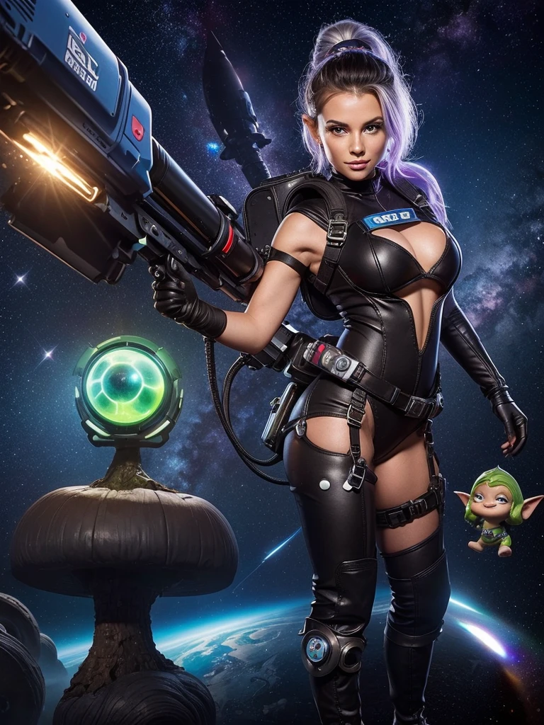 Luciwilde is a sexy cyborg with a entirely electric purple metallic body(obviously mechanical), metal helmet stylized as a fashion model hairdo (no hair visible), and a completely human face. She is flying through space propelled by jets in her feet. She has a guitar with a laser rifle built into it. Full body shot, show all of her, action pose with her weapon, best quality, extreme attention to detail, beautiful face