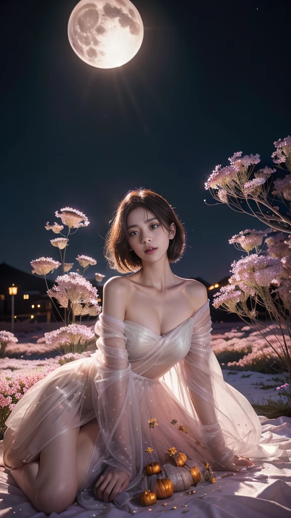 Vast landscape photos, (from below, the sky above, open fields below), a girl standing on a flower field looking up, (Full Moon: 1.2), (Meteor: 0.9), (Nebula: 1.3), Distant Mountains, Trees BREAK Making Art, (Warm Light Source: 1.2), (Firefly: 1.2), Lights, Lots of Purple and Orange, Intricate Details, Volume Lighting BREAK (Masterpiece: 1.2), (Best Quality), 4K, Ultra Detailed, (Dynamic Composition: 1.4), Detailed, Colorful, (Iridescent: 1.2), (Glow, Atmospheric Lighting), Dreamy, Magical, (Solo: 1.2), Slip Dress, Hanfu