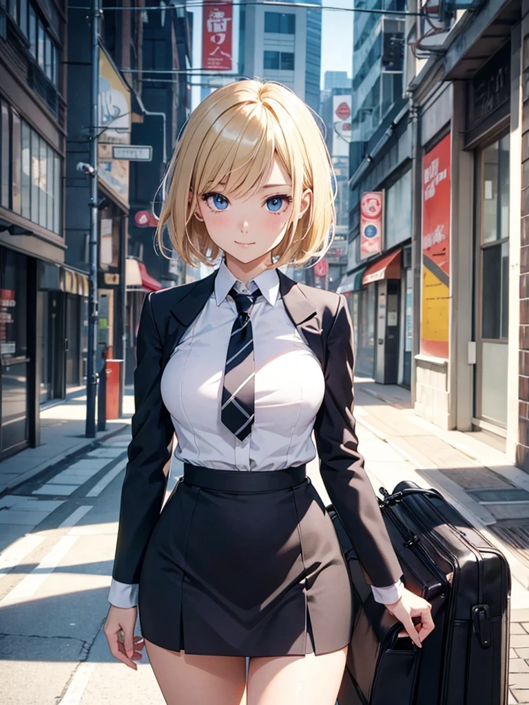 2D Anime Style、Blue eyes、breasts are slightly larger、A cool adult woman with short blonde hair and a serious expression.............、Formal fashion,hold a cigarette in your left hand,Right hand is open,Walking around the city alone,