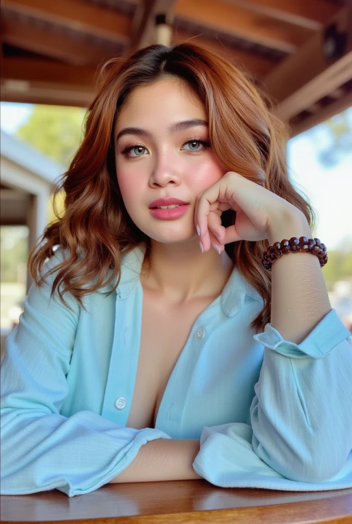 This is a  photograph of a woman named h3av3n with a fair complexion and long, wavy red hair that cascades over her shoulders. She has striking blue-green eyes accentuated with dark eyeliner and mascara, and her lips are painted a natural pink. She is leaning forward, resting her chin on her right hand, which is placed on a wooden table. Her left hand is also resting on the table, adorned with a brown beaded bracelet. She is wearing a light blue, long-sleeved button-up shirt made of a soft, slightly textured fabric, with the sleeves rolled up to her elbows. The shirt is slightly unbuttoned, revealing a glimpse of her collarbone. The background is blurred, suggesting an outdoor setting with a wooden structure overhead, possibly a cafe or restaurant. The lighting is natural, likely from the sun, casting a soft, warm glow on her face and the surrounding area. The overall mood of the image is relaxed and intimate, with a focus on the subject's serene expression and natural beauty.