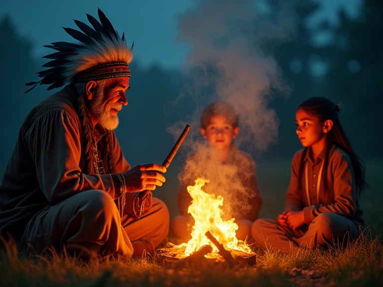 brazilian indigenous people sitting on the ground near the bonfire