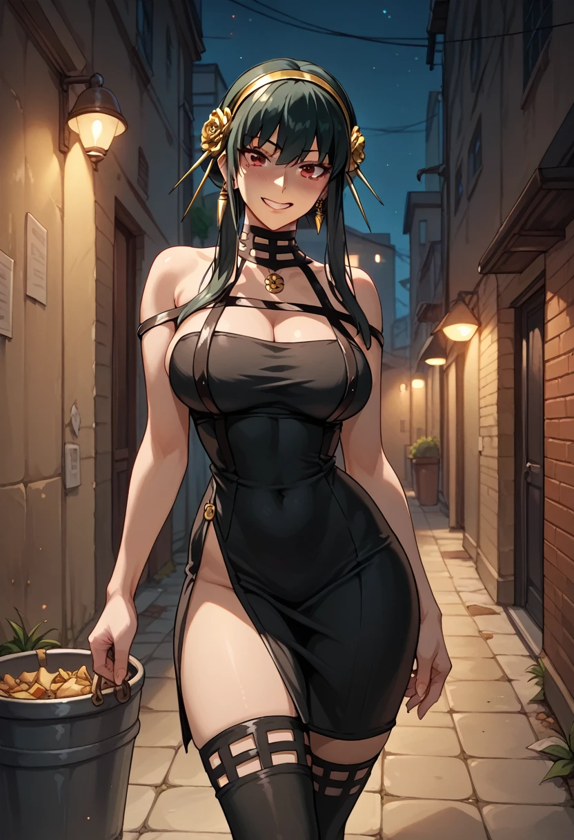 score_9,score_8_up,score_7_up,yor briar,indoors,large breasts,wide hips,alley,night,cowboy shot,grin, looking at viewer ,black thigh dress,posing,