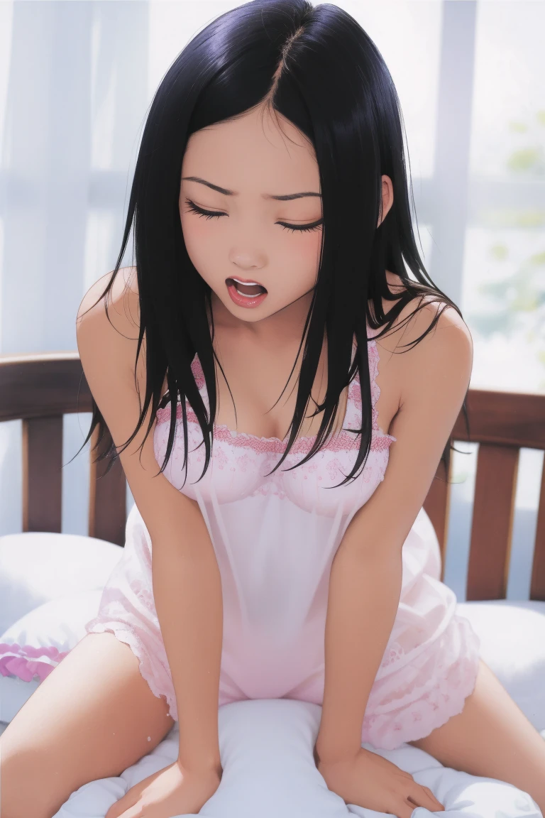 (Raw photo, photorealistic:1.3), official art, best masterpiece, best quality, best resolution, 8K, best detailed, perfect anatomy
BREAK
masturbation, Straddling, (pillow humping:1.2), crotch rub, (big thick pillow), on pillow, hand between legs, leaning forward, (put hand on breast, put and on vaginal:1.2), (Look up:1.2)
BREAK
(12 yaer_old:1.5), (elementary school students, small girl, little_girl:1.5), (The world's most cute and Pretty appearance:1.3), long eyelashes, Glossy skin, sparkling hair, black hair, vely long hair, (small breasts, short stature:1.3), (nightgown), (covered erect nipples), braless, no bra
BREAK
(female orgasm, ahegao), (half closed your eyes:1.4), (furrowing brow:1.5), (Angry, glare:1.2)
BREAK
Soft lighting, indirect lighting, absurd, (bed), very fine and detailed 16KCG wallpapers