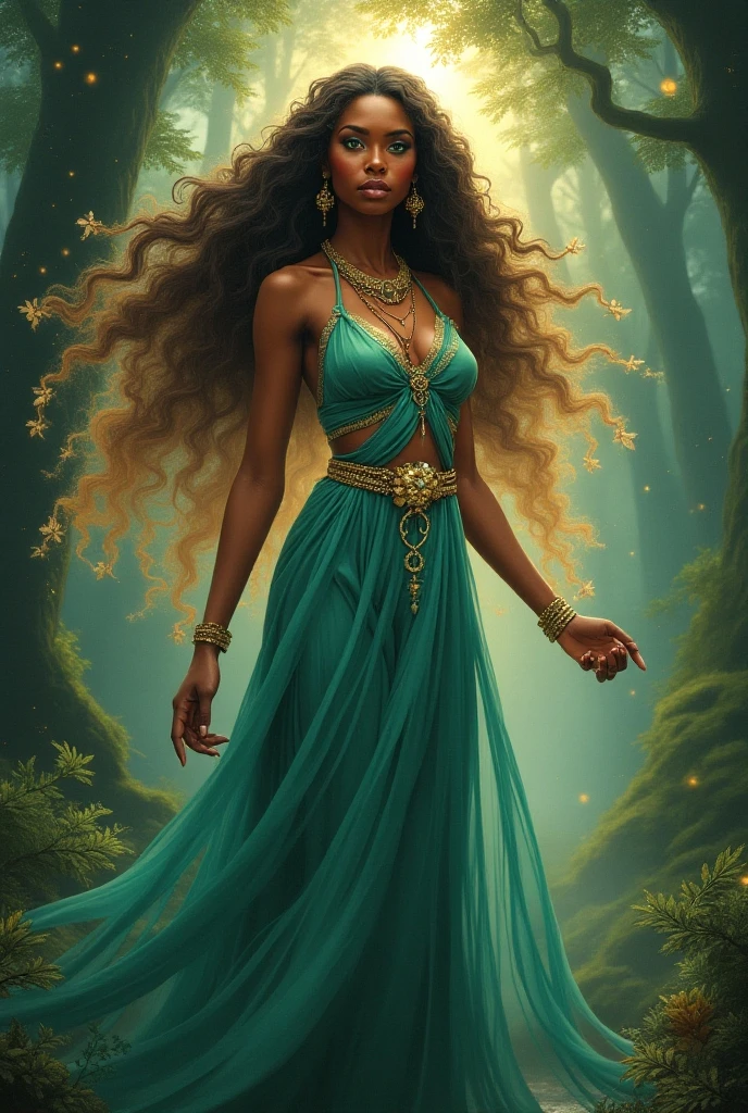 create various poses and expressions on a white background, romance book illustration style, various images of a romance character, she must be a charming and talented young woman, mulatto with curly hair and very beautiful. she danced gracefully through the woods of the Enchanted Forest --auto --s2