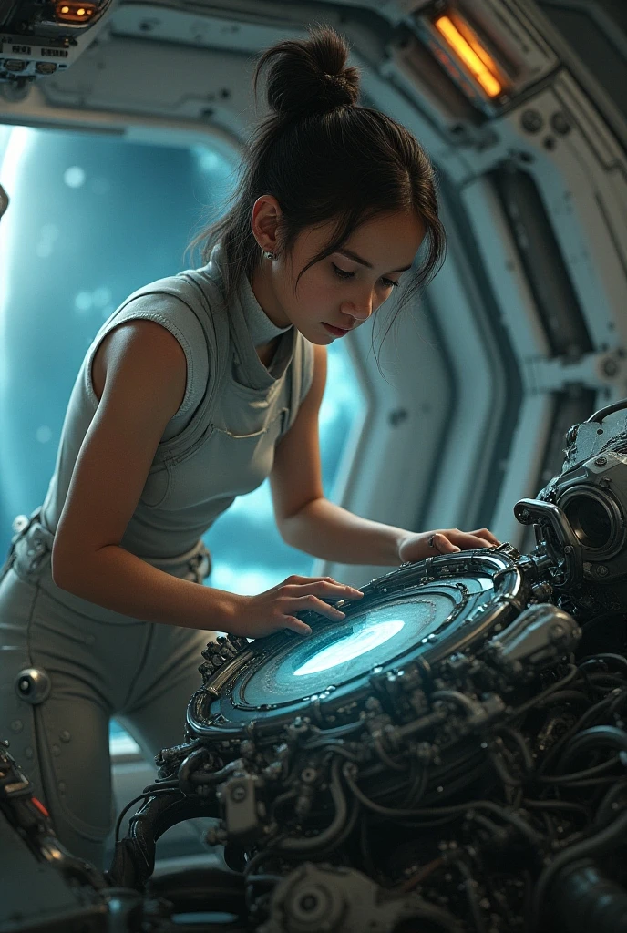 ((cinematic scene, a naked girl with futuristic metal gold gloves on hands, behind standingu full metal robot(), (( girl extremely delicate, but heave very large breasts, naked and beautiful cybernetic )), ((mechanical limbs)), ((detailed face and eyes))big green eyes, juicy lips, big lips, slim face, slim nose, miss world face, seduactiv, long curly dark hair, mess hair, ((very large natural breasts)), big puffy breasts, ABS, sweaty body, long legs,, (blood vessels connected to tubeechanical vertebrae), ((mechanical cervical attaching to neck)), (wires and cables attaching to neck:1.2), ((mass of wires and cables on head)), (character focus), (((dynamic pose))), perfectly balanced eyes, nipple breast, ((vhole body shot)) (masterpiece), (((best quality))), ((ultra-detailed)), (highly detailed photorealistic CG illustration), ((big tits)) cinematic lighting, science fiction, extremely detailed, colorful, highest detail, naked ass, Best quality, Ultra HD, dune style: 1.1)solo, 1girl in futuristic gold exoskeleton, ((Perfect face, miss world face)), ((Topless, naked vagina)), open legs, 16:10 aspect ratio, 8K resolution, dystopian landscape, futuristic desert setting, rugged terrain, sun-kissed desert, (gritty texture: 0.8), futuristic, thorn costume, gold exoskeleton leather outfit, bandana, warrior bracelets, ((long legs)), ((wide hips)), ((very femine curves)), ((wide hips)),  sweaty body, weapon in hand, fierce expression, sun-weathered skin, wind-blown dark hair, curly dark hair, (hyper-realistic: 1.3), action-packed scene, dramatic shadows, intense colors, (detailed stippling: 0.6),