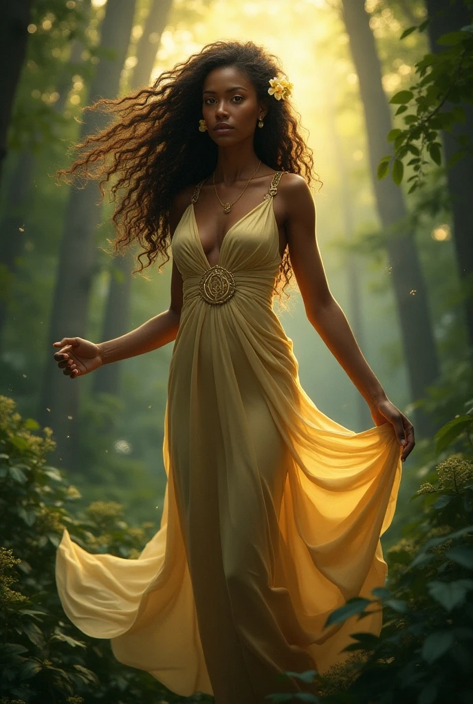 woman with voluminous curly hair, with a brown dress, and witch