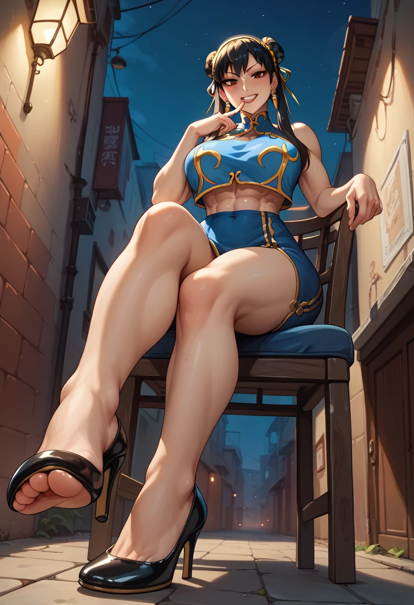 score_9,score_8_up,score_7_up,yor briar,indoors,large breasts,wide hips,alley,night,cowboy shot,grin, looking at viewer ,posing,from below,abs,sitting on chair, black heels, foot licking ,chun li cosplay,chub li clothing