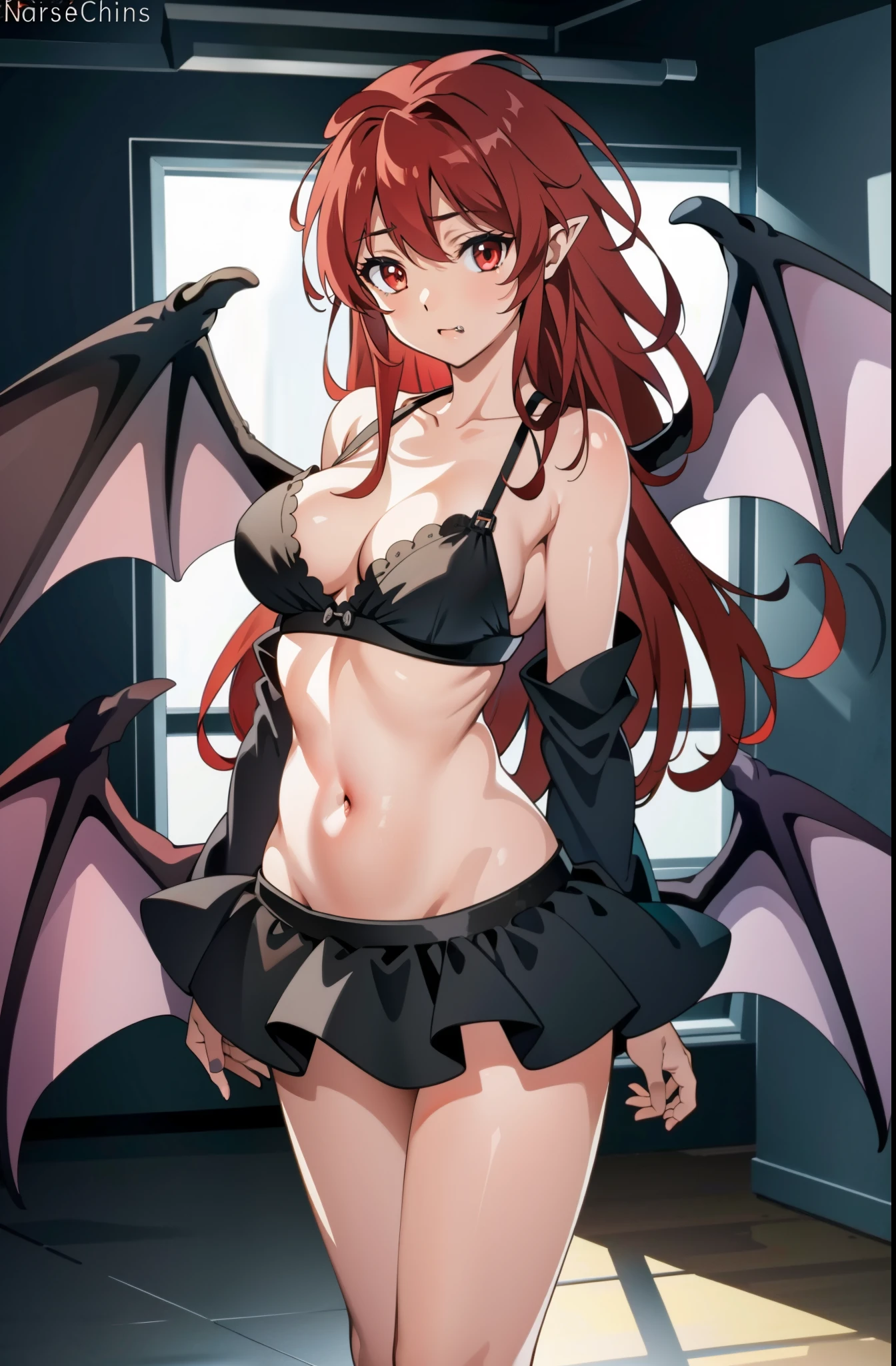 Dark red hair, fantasy princess hair, long hair, girl, beautiful girl, cute, sexy, black dress lingerie hot, black sock short, eyes, red orange eyes, succubus, devil wings, 4K, ((masterpiece)), ((best quality)), plain black background