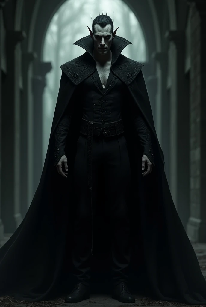 Here is a sentence to create an image of a vampire in a dark, mystical setting:

"Emerging from the shadows of a forgotten, moon-shrouded cathedral, a majestic vampire rises, his piercing, crimson eyes aglow with ancient power, as his chiseled, deathly pale face seems carved from the very darkness itself, his raven-black hair cascading like a waterfall of night, and his black, velvet cape billowing behind him like a dark wingspan, while his razor-sharp fangs gleam in the faint, eerie light, and the air around him seems to chill, as if death itself has taken form, exuding an aura of eternal, haunting mystery."

Imagine the haunting, gothic scene!