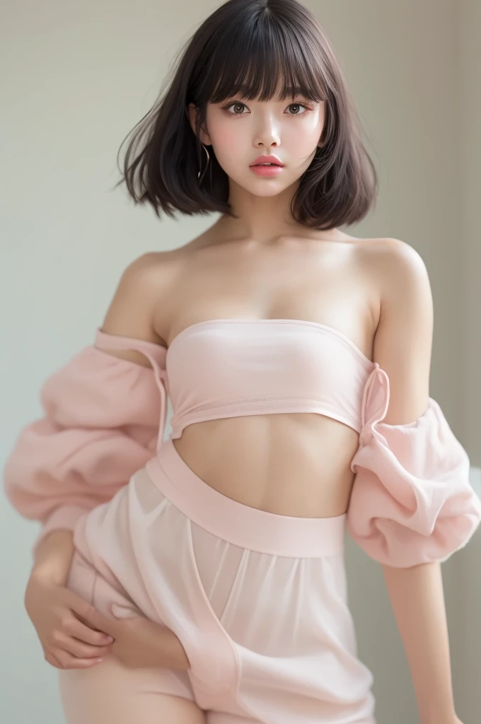 ((Extremely realistic)), ( super real), generate a highly realistic image, white backdrop,,15-year-old female,毛先ピンク色のshort bob black hair,  straight hair, I'm hiding my forehead with bangs,blue eyes,Long False Eyelashes,side view,Thick lips, Open the center of your lips、extremely detailed lips, large mouth, full, plump, Lip balm for shiny, glossy lips、Pale pink lips , transparent lip gloss,  skin texture so clear that you can see the lines of blood vessels under the skin、downy hair 、off shoulder tube top, Narrow waist ,Very thin and slender body, 