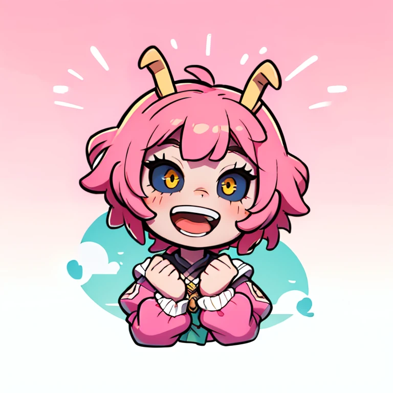 mina ashido, pink hair, 1girl, short hair, uhd, 4k, face detail, eyes detail, only_head, head_only, white background, solo, happy face expression, kawaii, chibi, upper body, circle frame, smiling , open mouth, vivid colors, ashido_mina, colored skin, pink skin, colored sclera, black sclera
