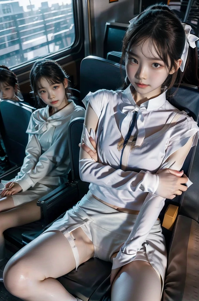 High resolution images,  Atmospheric perspective , 8k, Very detailed, accurate,  top quality , 
, Alone, chest, Looking at the audience, (Looking at the audience,:1.5),  
brown hair,  brown eyes, parted lips, laugh、underwear, panties, (Japanese school uniform), 
 (Navy Blue Mini Skirt), (Sit on a train seat:1.5), （Spread your legs to the side:1.4)、underwear, panties, parted lips, 
 lips, (Navy blue skirt), Full body shot,  (((Spread your legs, Link arms))), Showing off your sexiness 、(Whiteの panties:1.5), Realistic ,
(White, collared shirt, Ribbon tie),
(No upper body exposure:1.5),((Ceiling Below:1.2))、((Below:1.38))、
( Turn your body towards the viewer:1.5) , (Below, find:1.5), (( Japanese girl, Shortbread))