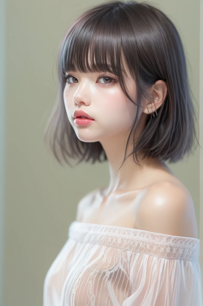 ((Extremely realistic)), ( super real), generate a highly realistic image, white backdrop,,15-year-old female,毛先ピンク色のshort bob black hair,  straight hair, I'm hiding my forehead with bangs,blue eyes,Long False Eyelashes,side view,Thick lips, Open the center of your lips、extremely detailed lips, large mouth, full, plump, Lip balm for shiny, glossy lips、Pale pink lips , transparent lip gloss,  skin texture so clear that you can see the lines of blood vessels under the skin、downy hair 、off shoulder tube top, Narrow waist ,Very thin and slender body, 