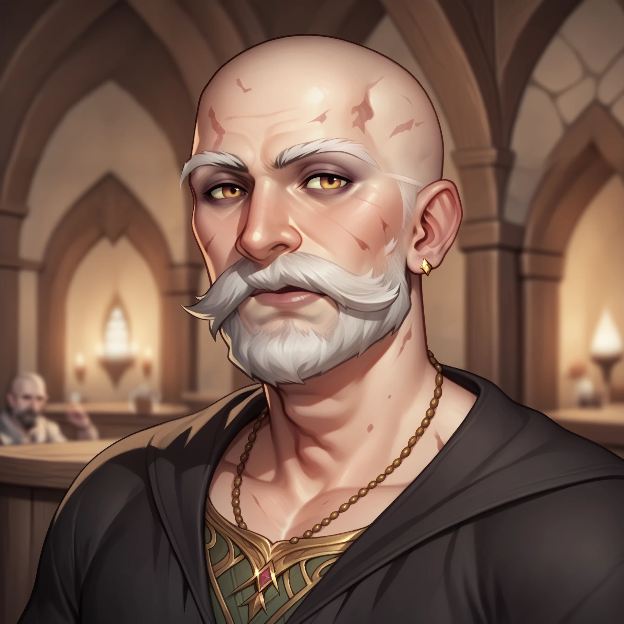 (((beautiful, high quality, comics style, detailed face))), score_9, score_8_up, score_7_up, BREAK, elder man, mage, bald, beard, (large mustache), dirty robes, mage robes, black cloak, male focus, solo, fantasy tavern, blurred background, DeepNegative_xl_v1, detailxl, zPDXL3