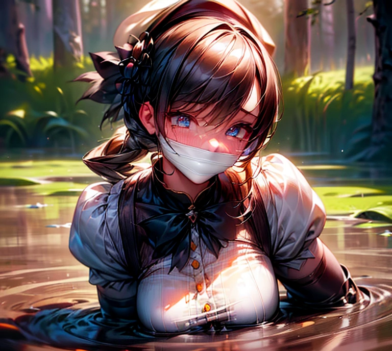 girl, Slightly High Resolution , tears, Wet, Student Uniform, uniform, dark, Sink, Swamp, Sink, Drowning, Sticky, Muddy, Sticky, Buried in a swamp , 首までBuried in a swamp , Buried hands, (Best Quality,4K,8k, High Resolution ,masterpiece:1.2),Ultra-detailed,(Realistic,photoRealistic,photo-Realistic:1.37),(Complex,Advanced Details:1.4), extremely detailed eyes and face, beautiful detailed eyes , Long eyelashes,dramatic lighting,Whimsical atmosphere,(dark fantasy,gothic:1.2),dramatic,dark,Unlucky,gag