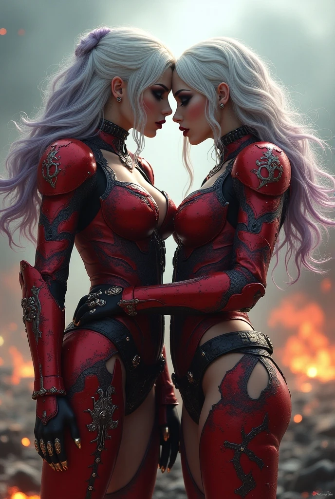 Full body pose sexy sisters of battle from the warhammer 40k, kissing and hugging, red space marine armor with intricate details, white space marine armor with intricate details, symbols on the armor, sisters of battle, warhammer 40k, Massive exposed silicone breast, pale skin, seductive, temptation, eat your soul, clevage, long white flowing hair, long black flowing hair with purple highlights, heavy gothic makeup, at night, neon, beautiful detailed eyes, beautiful detailed lips, extremely detailed eyes and face, long eyelashes, highly detailed space marine armor, intricate futuristic laser weaponry, dramatic lighting, cinematic composition, muted color palette, gritty and realistic, mecha, science fiction, hyper-detailed, photorealistic, award winning digital art, 8k, HDR, masters work, in the middle of a battle field, explosions and fire around, full war, stunning, Stilleto heels, high heels, full body pose, cinematic, movie trailer, nemesis, dust and debree, fanatic, religious, sisters of battle, warhammer 40k, bimbo gigantic exposed breast, kissing, stilleto heels, cinematic light, cameltoe pussy, beautiful pussy, wet pussy, wet body, oiled body, gigantic breast, dynamic super sexy dynamic pose, sisters of battle from the warhammer 40K, passionate kissing, seductive, one night stand, working as whores, award winning photo, worthy of oscars scene
