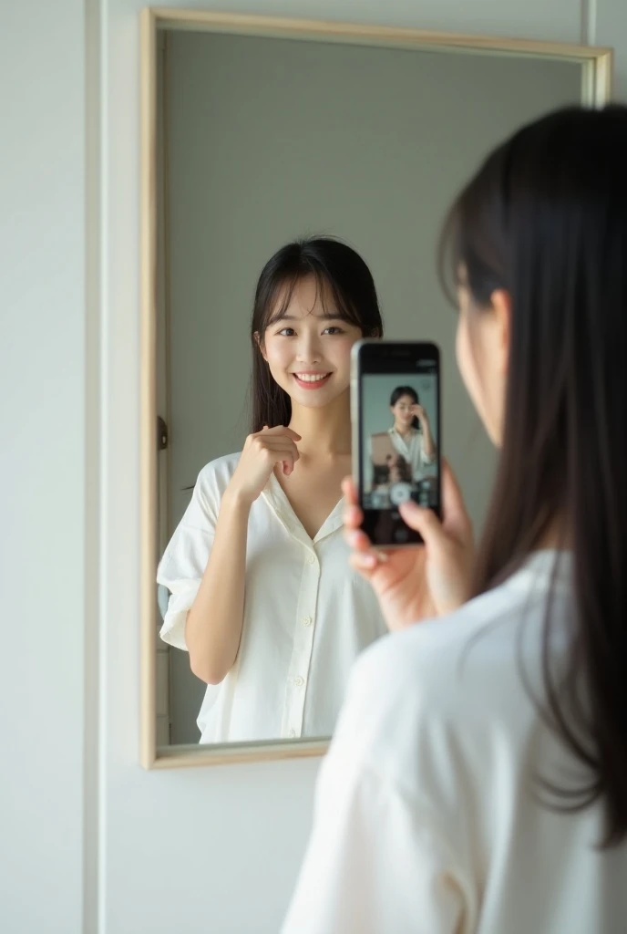 A Japanese actress taking a selfie with her smartphone