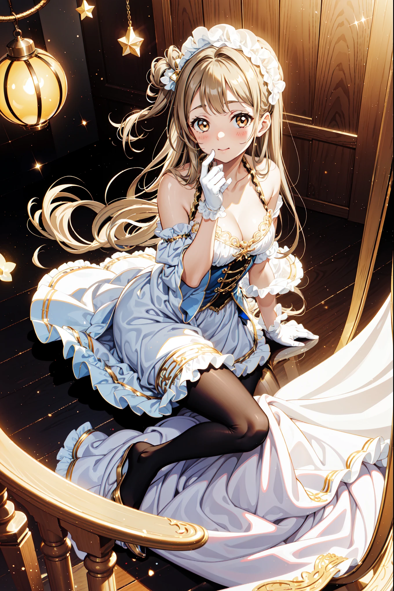 , 1people、Pajamas、Gold and silver thread embroidery、Translucent underwear that reaches below the knee(Bloomers)wear、wear a semi-transparent corset、Translucent slip
