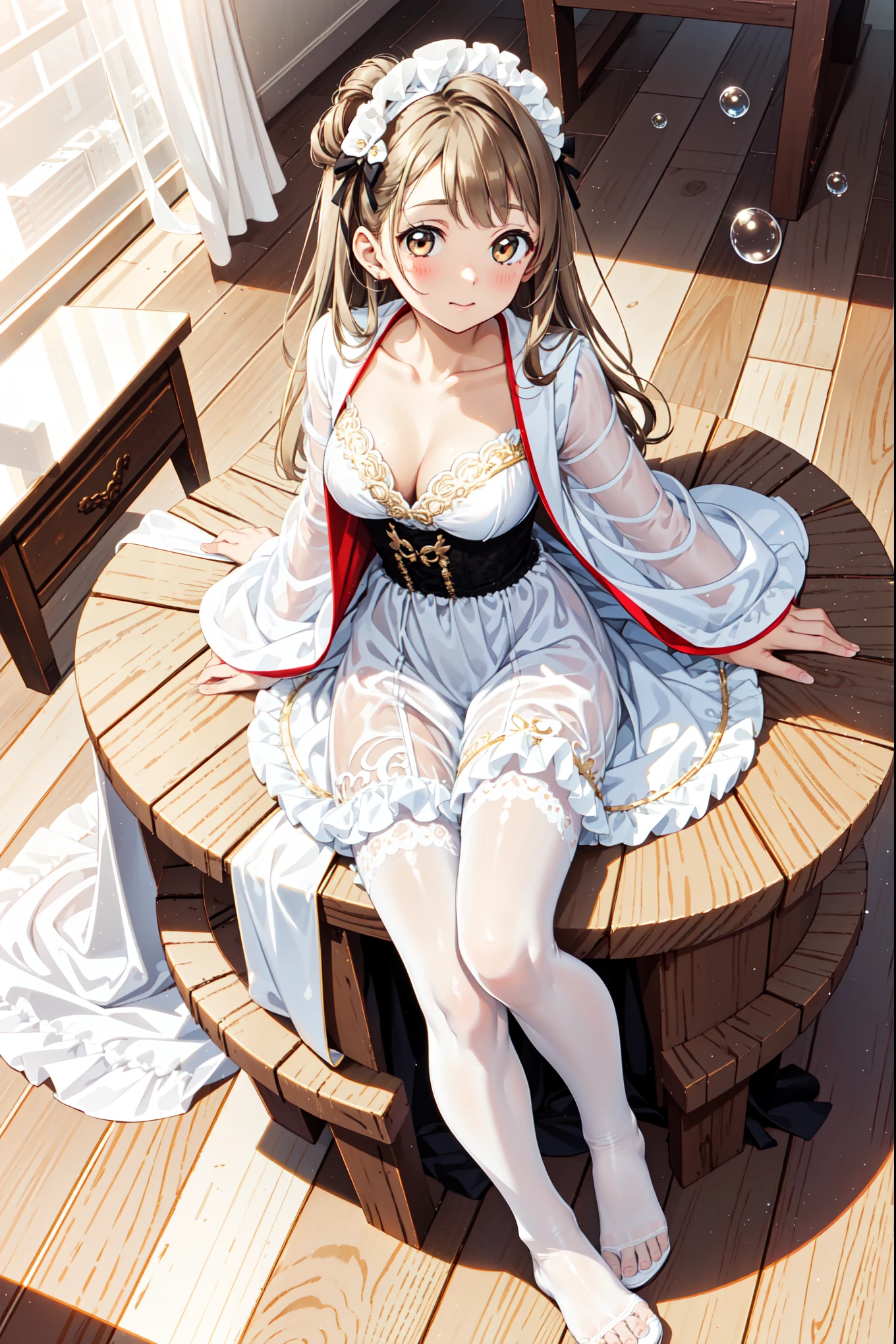 Girl，， Have Fun ，in love，( Girl in a White Modern Shirt and Robe，Wear pantyhose:1.2)，( Black Ruffle Bow Gloves )，Lace，wrinkle，Bubble Skirt，Lovely Decor ， brown hair ， Golden Eyes ， White Hair Divine Headwear ，透明Lace，Exquisite clothing， alone， Mysterious Room ，(night:1.1)， Delicate and beautiful face ，Special hairstyle,Slightly curly hair，Reasonable human body