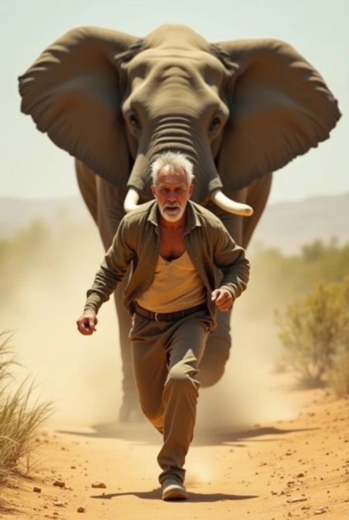 Make an image of a man with a badly done goatee, like Scooby Doo&#39;s Shaggy hair, with a gym weight and facing an elephant.