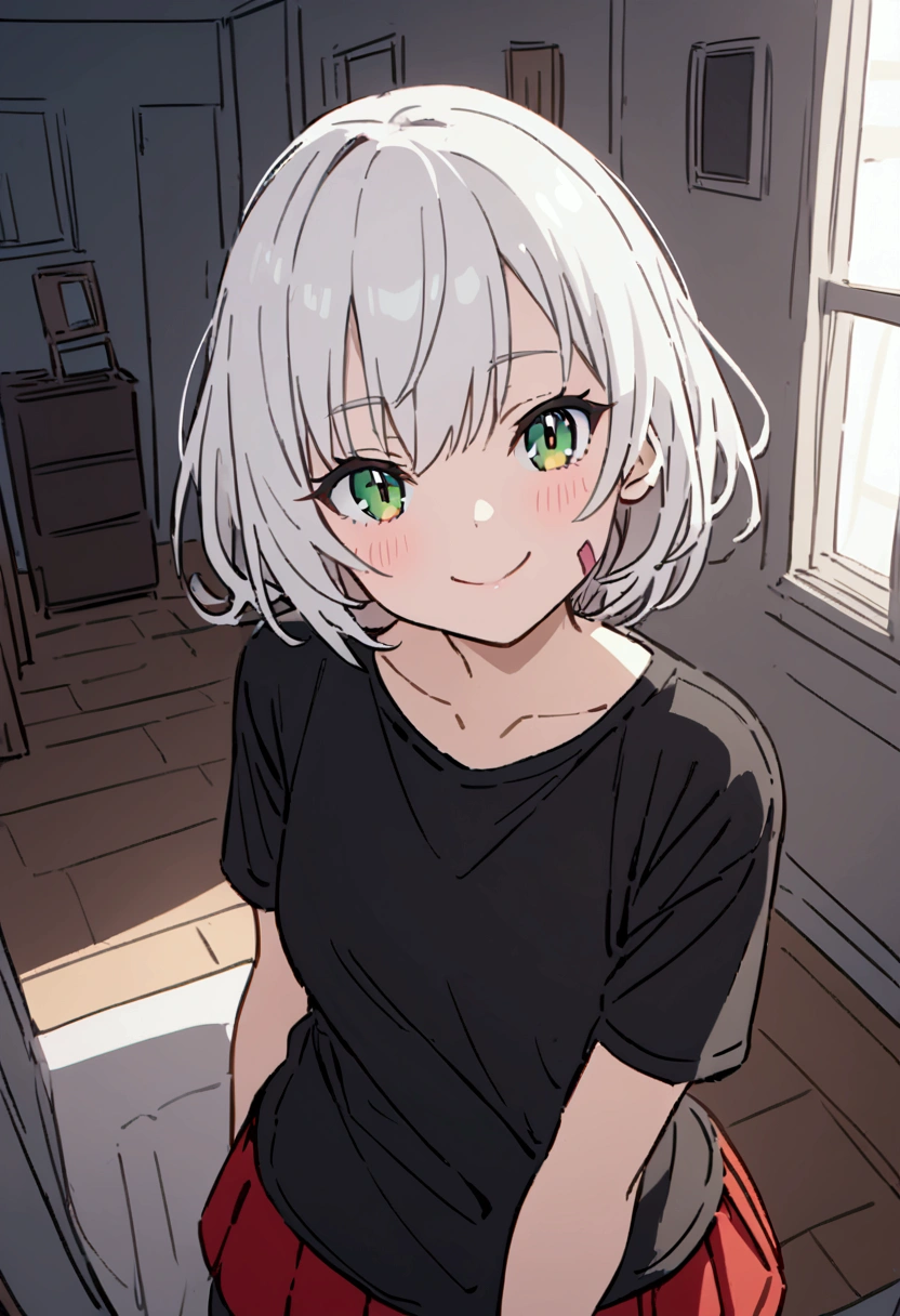 White-haired girl with green eyes, thin build, big cut on the left eye and right cheek, smile, She wears a black t-shirt, red mini skirt and long black stockings, white walls, room