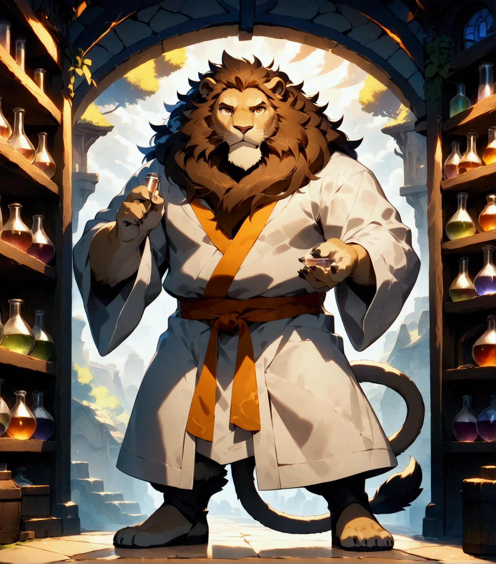 character focus, full body, looking away, dynamic angle, alchemist, a plump middle-aged lion man, little smile, alchemy robe, standing, (shaking a test tube), elegant pose, BREAK complete anatomy, perfect proportions, beautiful thigh gap, fluffy body, intricate fur details, beautiful fur texture, BREAK detailed elegant lion tail, detailed boots, beautiful foot, detailed hands, 5fingers, 5fingers nails, BREAK aesthetic anime face, insanity detailed face, male face, big face, square jawline, aesthetic anime eyes, detailed brown eyes, detailed brown cornea, detailed dark brown irises, detailed pupils, male eyes, big eyes, male eyebrows, innocent look, beautiful beard, BREAK full body in Michelangelo Buonarroti style, digital illustration anime, detailed painting landscape, afternoon, alchemy shop, indoor, full color, HDR, BREAK masterpiece, official art, best quality, very aesthetic, absurdres, super fine illustration, great quality, BREAK noise reduction, very highres, large filesize, high quality, 32K, 8k wallpaper, dynamic lighting, BREAK insanity detailed, ultra detailed, intricate details, extremely detailed, detailed texture, an extremely delicate and beautiful, BREAK osukemo, e621 illustration, Fur Affinity illustration, kemohomo, anthropomorphic, furry, cartoon, harmonic body, pastoral face, virtuous eyes, epic atmosphere