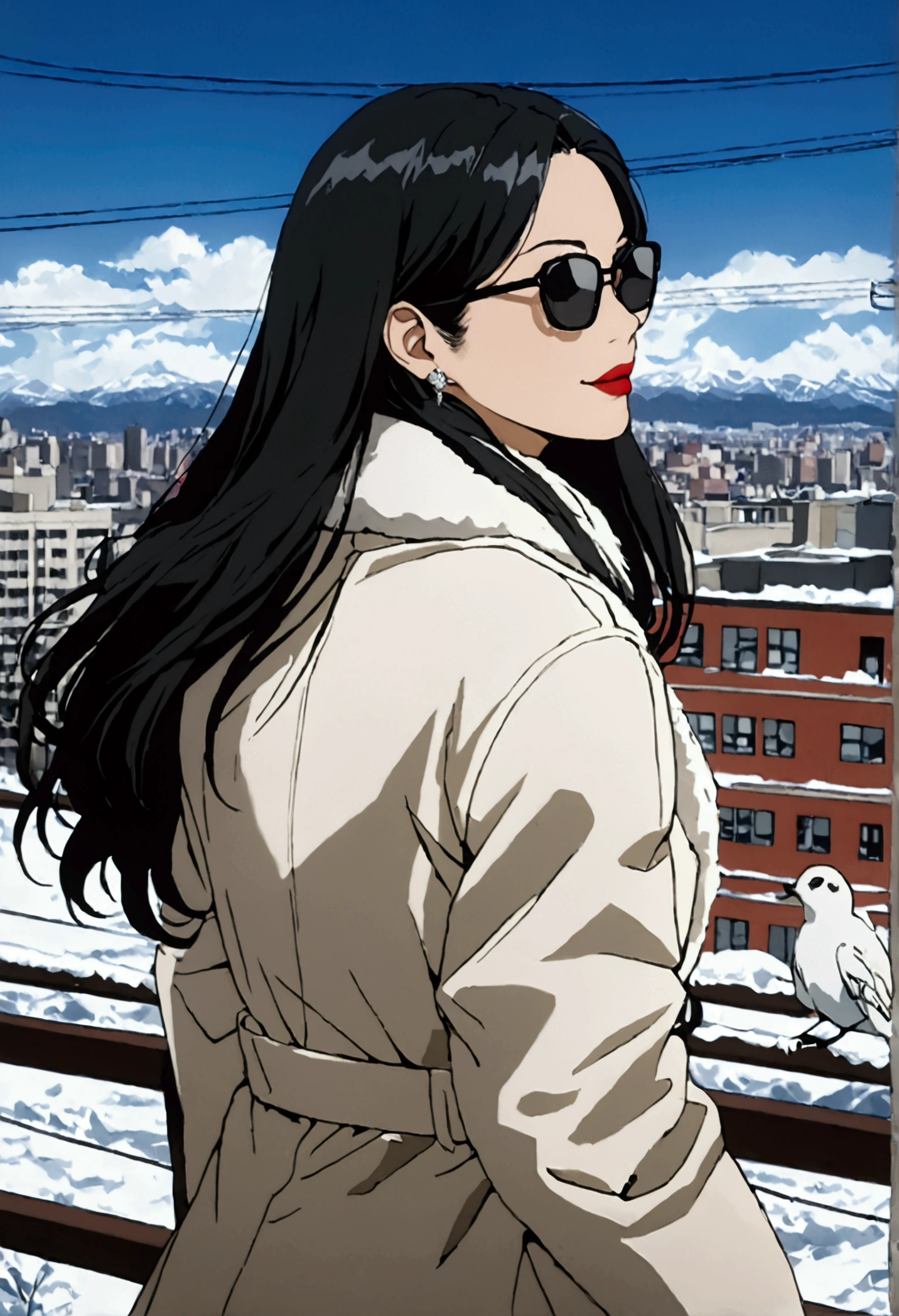 sam yang,, 1girl, animal, animal on shoulder, bird, black-framed eyewear, black eyes, black hair, blue sky, cityscape, clear sky, coat, day, earrings, eyewear hang, eyewear removed, fur coat, jacket, jewelry, long hair, looking to the side, outdoors, power lines, red lips, sky, smile, snow, solo, sunglasses, white bird, white coat, winter, winter clothes, , ((masterpiece))