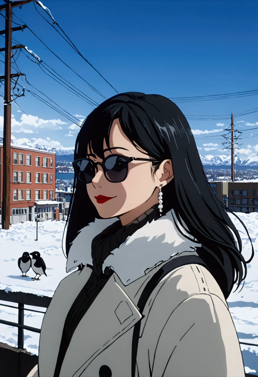 sam yang,, 1girl, animal, animal on shoulder, bird, black-framed eyewear, black eyes, black hair, blue sky, cityscape, clear sky, coat, day, earrings, eyewear hang, eyewear removed, fur coat, jacket, jewelry, long hair, looking to the side, outdoors, power lines, red lips, sky, smile, snow, solo, sunglasses, white bird, white coat, winter, winter clothes, , ((masterpiece))