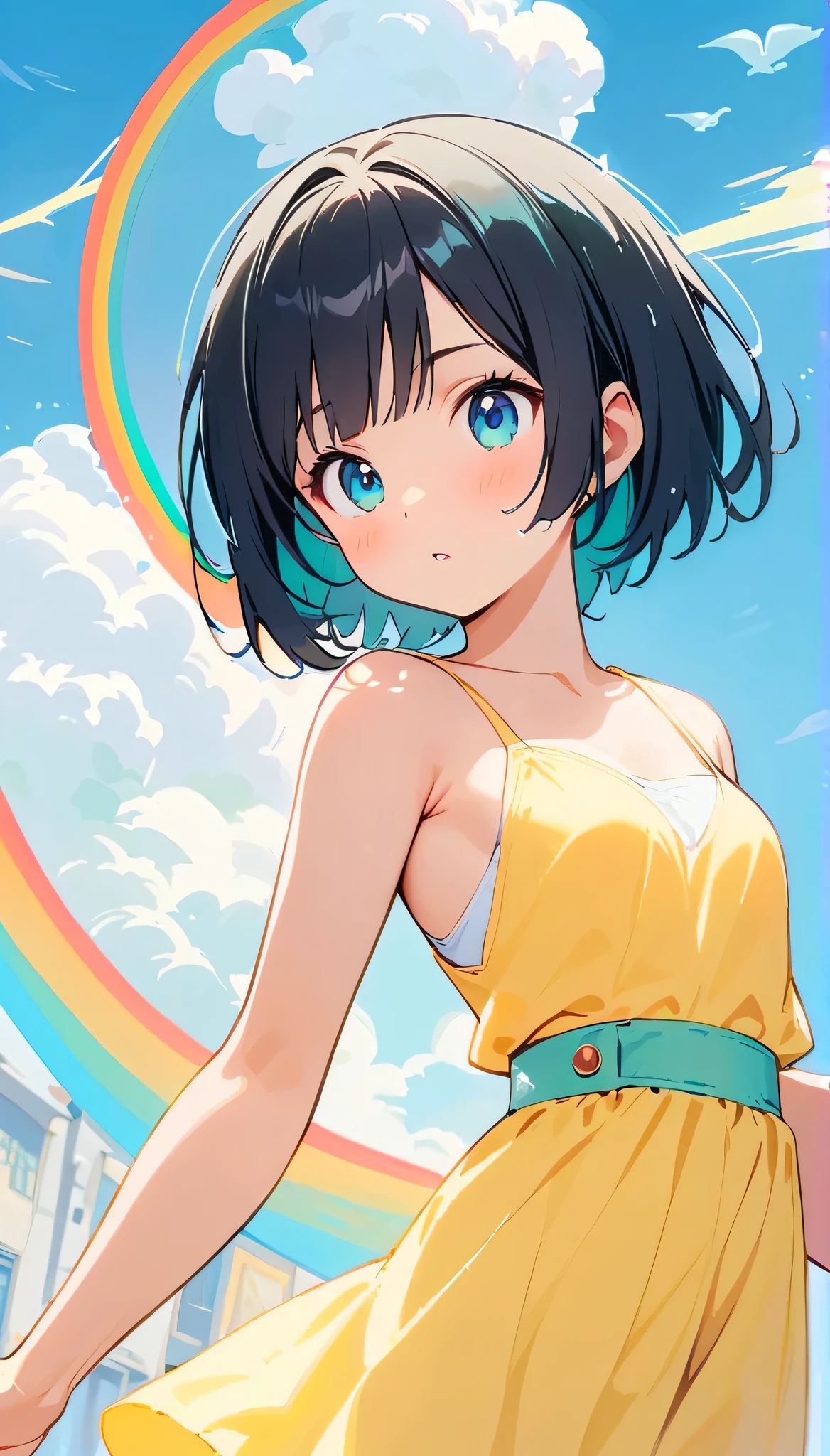 Best Quality, Super Fine, 8k, Incredibly absurd, Very detailed, 2.5D, Beautiful Goddess, Soap bubbles, Pastel colored clouds, Sunshine, Pop Art, Delicate and dynamic, Pastel Color Fantasy, Black Hair, Bobcut, Very young, Small breasts, Official Art