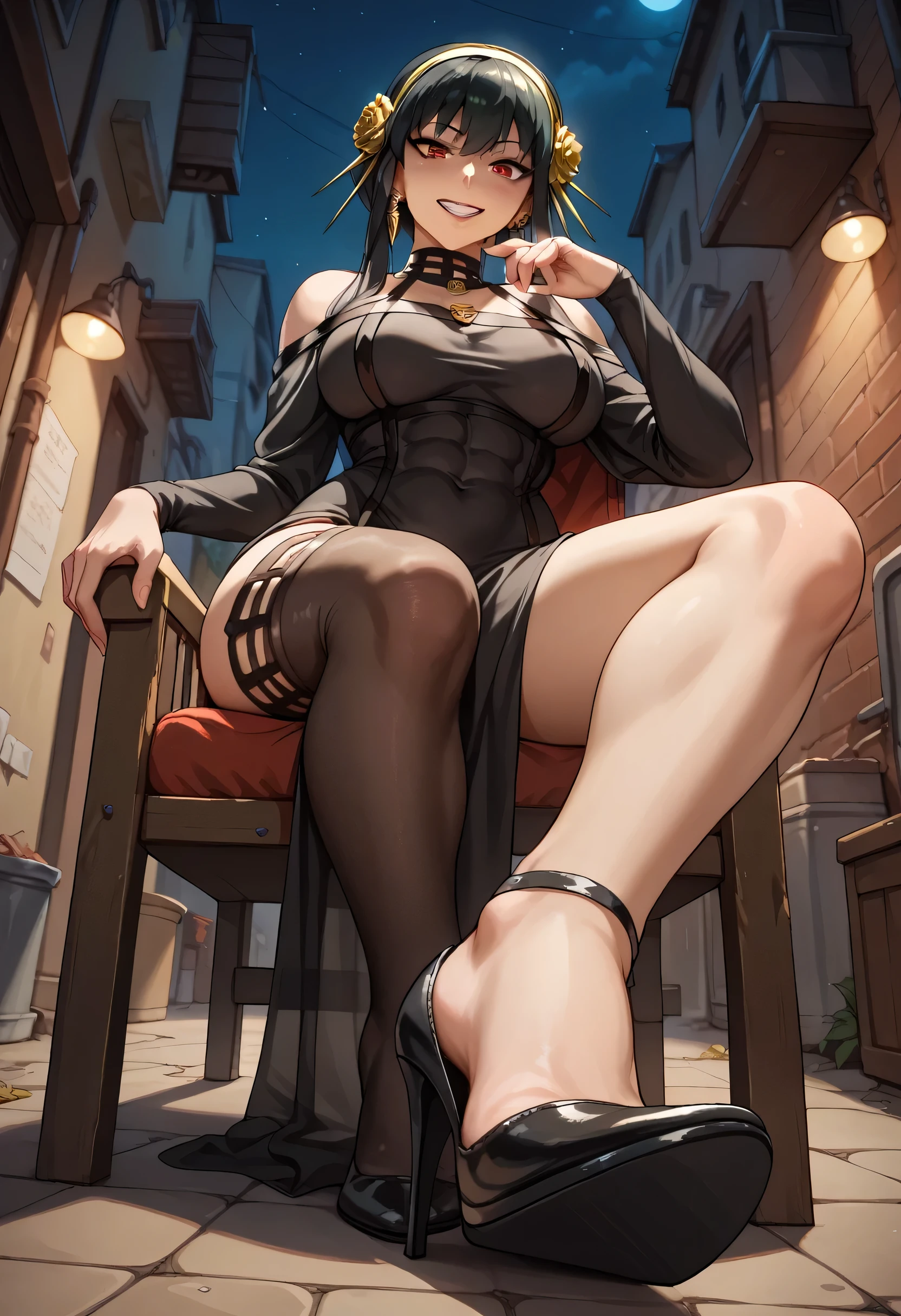 score_9,score_8_up,score_7_up,yor briar,indoors,large breasts,wide hips,alley,night,cowboy shot,grin, looking at viewer ,black thigh dress,posing,from below, stockings,abs,sitting on chair, black heels, foot licking 