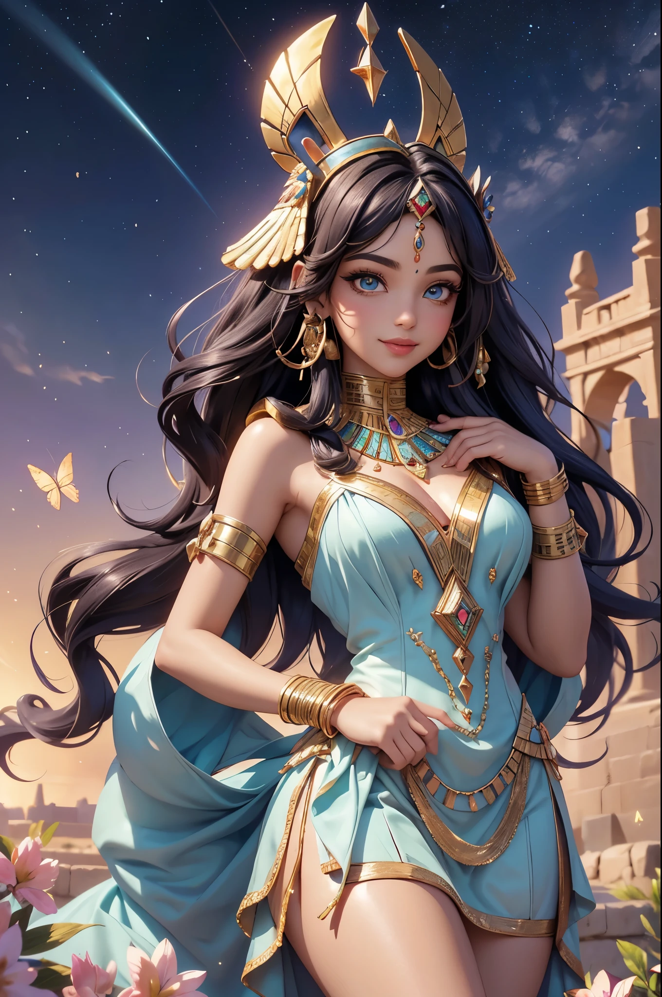 (best quality,4k,8k,highres,masterpiece:1.2),ultra detailed,(realistic,photorealistic,photo-realistic:1.37),acrylic painting,beautiful Egyptian godess in a Lolita dress with downy hair,beautiful Egyptian godess with extremely colorful hair and detailed facial features,beautiful Egyptian godess standing in a beautiful garden surrounded by a starry sky,beautiful Egyptian godess wearing a vibrant Lolita dress,beautiful Egyptian godess with intricate accessories and a matching hat,beautiful Egyptian godess posing gracefully with her hands on her hips,beautiful Egyptian godess with long flowing twintails,beautiful Egyptian godess with bright blue eyes and rosy lips,beautiful Egyptian godess with a joyful expression,beautiful Egyptian godess in a dynamic pose with cherry blossoms falling around her,beautiful Egyptian godess surrounded by colorful flowers and butterflies,beautiful Egyptian godess's dress adorned with cute bows and lace details,beautiful Egyptian godess with an enchanting smile,beautiful Egyptian godess with soft pastel color shading,beautiful Egyptian godess with a magical glow illuminating her,beautiful Egyptian godess in a picturesque setting with a winding path leading to a magnificent castle,beautiful Egyptian godess with a fairytale background,beautiful Egyptian godess with a soft dreamy atmosphere,beautiful Egyptian godess with a subtle bokeh effect,beautiful Egyptian godess standing under a moonlit sky,beautiful Egyptian godess with a warm golden sunset in the background,beautiful Egyptian godess surrounded by twinkling stars and colorful nebulae,creating an ethereal and captivating artistic masterpiece