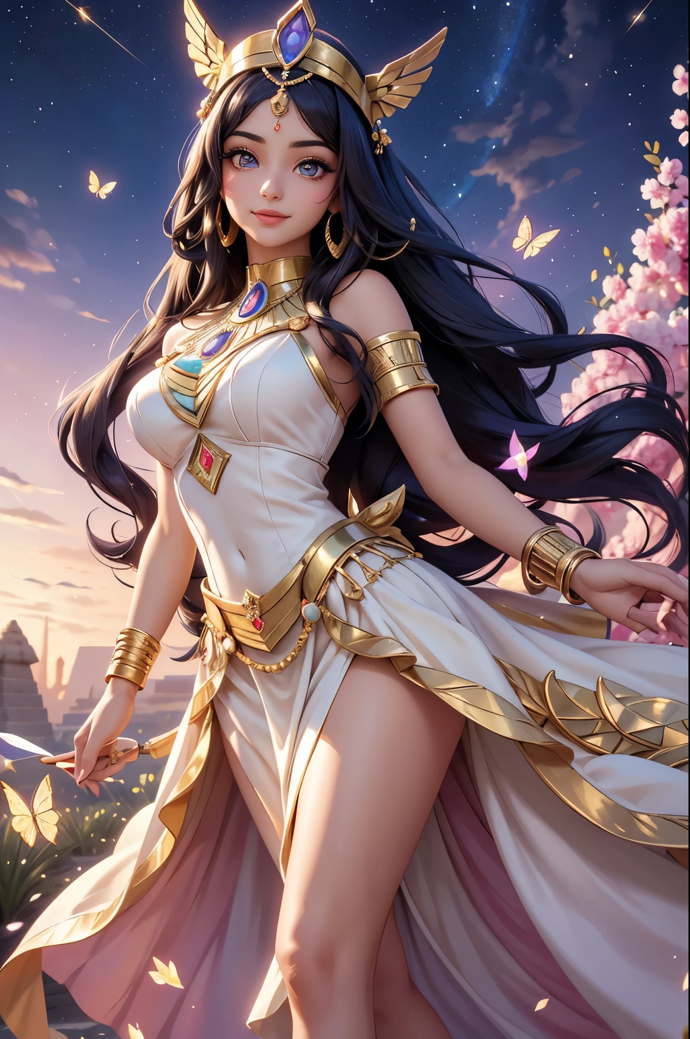 (best quality,4k,8k,highres,masterpiece:1.2),ultra detailed,(realistic,photorealistic,photo-realistic:1.37),acrylic painting,beautiful Egyptian godess in a ta dress with downy hair,beautiful Egyptian godess with extremely colorful hair and detailed facial features,beautiful Egyptian godess standing in a beautiful garden surrounded by a starry sky,beautiful Egyptian godess wearing a vibrant Loliress,beautiful Egyptian godess with intricate accessories and a matching hat,beautiful Egyptian godess posing gracefully with her hands on her hips,beautiful Egyptian godess with long flowing twintails,beautiful Egyptian godess with bright blue eyes and rosy lips,beautiful Egyptian godess with a joyful expression,beautiful Egyptian godess in a dynamic pose with cherry blossoms falling around her,beautiful Egyptian godess surrounded by colorful flowers and butterflies,beautiful Egyptian godess's dress adorned with cute bows and lace details,beautiful Egyptian godess with an enchanting smile,beautiful Egyptian godess with soft pastel color shading,beautiful Egyptian godess with a magical glow illuminating her,beautiful Egyptian godess in a picturesque setting with a winding path leading to a magnificent castle,beautiful Egyptian godess with a fairytale background,beautiful Egyptian godess with a soft dreamy atmosphere,beautiful Egyptian godess with a subtle bokeh effect,beautiful Egyptian godess standing under a moonlit sky,beautiful Egyptian godess with a warm golden sunset in the background,beautiful Egyptian godess surrounded by twinkling stars and colorful nebulae,creating an ethereal and captivating artistic masterpiece