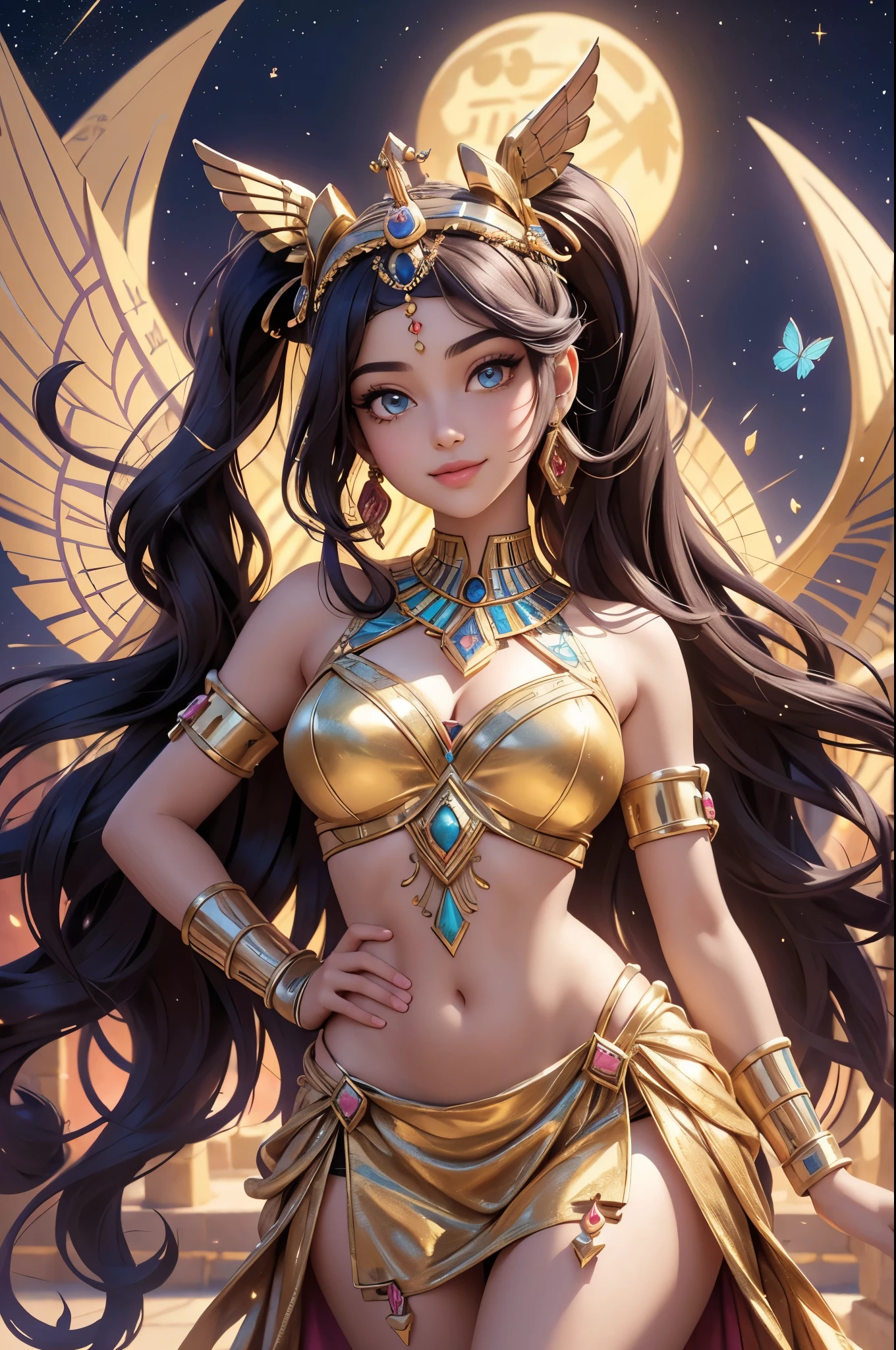 (best quality,4k,8k,highres,masterpiece:1.2),ultra detailed,(realistic,photorealistic,photo-realistic:1.37),acrylic painting,beautiful Egyptian godess in a Lolita dress with downy hair,beautiful Egyptian godess with extremely colorful hair and detailed facial features,beautiful Egyptian godess standing in a beautiful garden surrounded by a starry sky,beautiful Egyptian godess wearing a vibrant Lolita dress,beautiful Egyptian godess with intricate accessories and a matching hat,beautiful Egyptian godess posing gracefully with her hands on her hips,beautiful Egyptian godess with long flowing twintails,beautiful Egyptian godess with bright blue eyes and rosy lips,beautiful Egyptian godess with a joyful expression,beautiful Egyptian godess in a dynamic pose with cherry blossoms falling around her,beautiful Egyptian godess surrounded by colorful flowers and butterflies,beautiful Egyptian godess's dress adorned with cute bows and lace details,beautiful Egyptian godess with an enchanting smile,beautiful Egyptian godess with soft pastel color shading,beautiful Egyptian godess with a magical glow illuminating her,beautiful Egyptian godess in a picturesque setting with a winding path leading to a magnificent castle,beautiful Egyptian godess with a fairytale background,beautiful Egyptian godess with a soft dreamy atmosphere,beautiful Egyptian godess with a subtle bokeh effect,beautiful Egyptian godess standing under a moonlit sky,beautiful Egyptian godess with a warm golden sunset in the background,beautiful Egyptian godess surrounded by twinkling stars and colorful nebulae,creating an ethereal and captivating artistic masterpiece