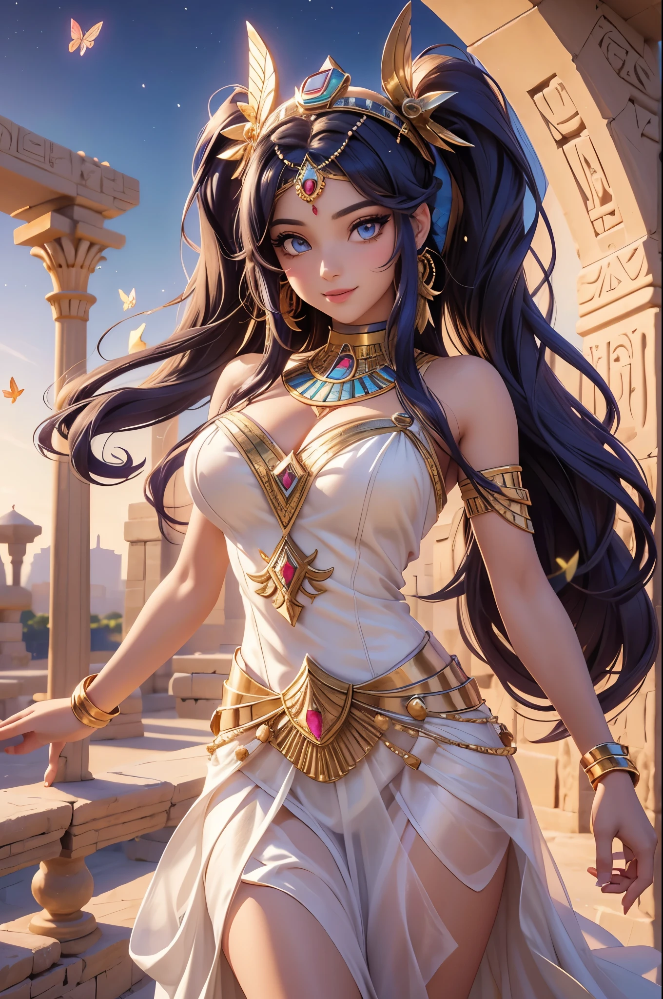 (best quality,4k,8k,highres,masterpiece:1.2),ultra detailed,(realistic,photorealistic,photo-realistic:1.37),acrylic painting,beautiful Egyptian godess in a Lolita dress with downy hair,beautiful Egyptian godess with extremely colorful hair and detailed facial features,beautiful Egyptian godess standing in a beautiful garden surrounded by a starry sky,beautiful Egyptian godess wearing a vibrant Lolita dress,beautiful Egyptian godess with intricate accessories and a matching hat,beautiful Egyptian godess posing gracefully with her hands on her hips,beautiful Egyptian godess with long flowing twintails,beautiful Egyptian godess with bright blue eyes and rosy lips,beautiful Egyptian godess with a joyful expression,beautiful Egyptian godess in a dynamic pose with cherry blossoms falling around her,beautiful Egyptian godess surrounded by colorful flowers and butterflies,beautiful Egyptian godess's dress adorned with cute bows and lace details,beautiful Egyptian godess with an enchanting smile,beautiful Egyptian godess with soft pastel color shading,beautiful Egyptian godess with a magical glow illuminating her,beautiful Egyptian godess in a picturesque setting with a winding path leading to a magnificent castle,beautiful Egyptian godess with a fairytale background,beautiful Egyptian godess with a soft dreamy atmosphere,beautiful Egyptian godess with a subtle bokeh effect,beautiful Egyptian godess standing under a moonlit sky,beautiful Egyptian godess with a warm golden sunset in the background,beautiful Egyptian godess surrounded by twinkling stars and colorful nebulae,creating an ethereal and captivating artistic masterpiece