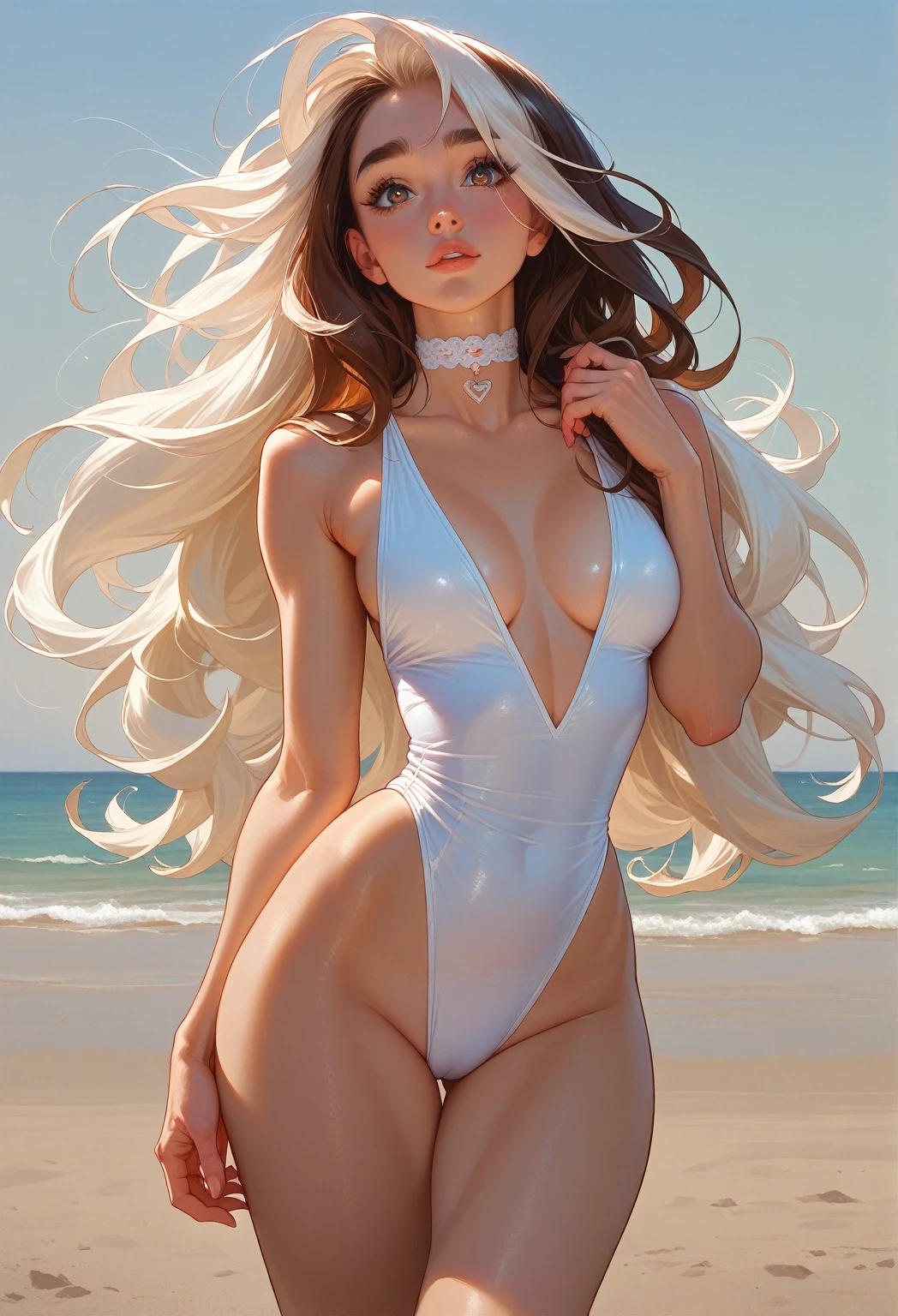 very beautiful fit woman with long multicolored hair. Brunette and white hair. (((narrow waist))), ((very wide hips)). Perfect bubble butt. choker. Almond eyes. Thick lashes.Toned legs.  natural lighting. public beach.  Revealing swimsuit.
